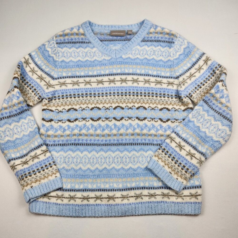 Croft & Barrow Fair Isle Geo Knit Sweater Womens M Cream Blue Cozy SkiChalet
